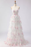 Black Pink Flower Strapless A-Line Tiered Sequin Long Prom Dress with Lace Up Back