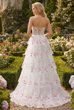 Black Pink Flower Strapless A-Line Tiered Sequin Long Prom Dress with Lace Up Back
