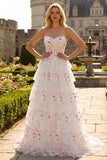 Black Pink Flower Strapless A-Line Tiered Sequin Long Prom Dress with Lace Up Back