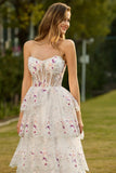 Strapless A-Line White Pink Flower Tiered Sequin Long Prom Dress with Lace Up Back