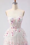 Black Pink Flower A-Line Strapless Tiered Sequin Long Prom Dress with Lace Up Back