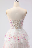 Black Pink Flower Strapless A-Line Tiered Sequin Long Prom Dress with Lace Up Back