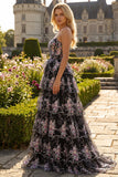Black Pink Flower A-Line Strapless Tiered Sequin Long Prom Dress with Lace Up Back