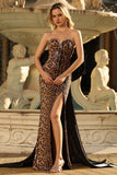Sparkly Brown Leopard Mermaid Sweetheart Long Prom Dress with Back Large Bow