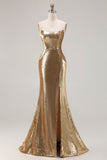 Sparkly Golden Strapless Mermaid Sequin Long Prom Dress with Slit
