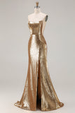 Sparkly Golden Strapless Mermaid Sequin Long Prom Dress with Slit