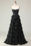 White A Line Strapless Polka Dots Tiered Ruffle Corset Long Prom Dress with Slit