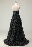 White A Line Strapless Polka Dots Tiered Ruffle Corset Long Prom Dress with Slit