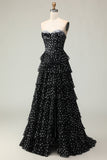 Black and White A Line Strapless Corset Tiered Long Polka Dots Prom Dress with Ruffles