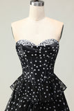 Black and White A Line Strapless Corset Tiered Long Polka Dots Prom Dress with Ruffles