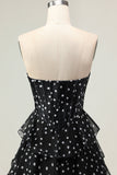White A Line Strapless Polka Dots Tiered Ruffle Corset Long Prom Dress with Slit
