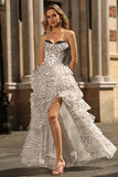 A Line Strapless Corset Tiered Polka Dots Ruffle Long Prom Dress with Slit