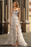 A Line Strapless Corset Tiered Polka Dots Ruffle Long Prom Dress with Slit
