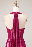 Sparkly Fuchsia Mermaid Halter Sequin Backless Long Prom Dress with Slit