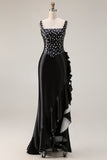 White Black Dot Mermaid Ruffled Satin Long Prom Dress with Slit