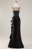 White Black Dot Mermaid Ruffled Satin Long Prom Dress with Slit