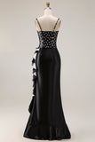 Black White Dots Two-Piece Mermaid Square Neck Satin Long Prom Dress with Ruffle Slit