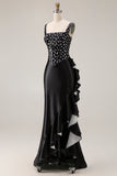 White Black Dot Mermaid Ruffled Satin Long Prom Dress with Slit