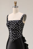 Black White Dots Two-Piece Mermaid Square Neck Satin Long Prom Dress with Ruffle Slit