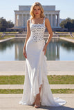 Black White Dots Two-Piece Mermaid Square Neck Satin Long Prom Dress with Ruffle Slit