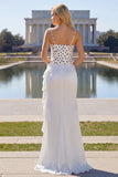 White Black Dot Mermaid Ruffled Satin Long Prom Dress with Slit