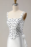 Black White Dots Two-Piece Mermaid Square Neck Satin Long Prom Dress with Ruffle Slit