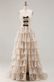 Strapless Apricot Black Dot A Line Tiered Ruffle Cut Out Long Prom Dress with Slit