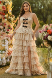 Apricot Black Dot A Line Strapless Tiered Ruffle Cut Out Long Prom Dress with Slit