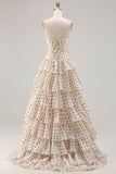 Strapless Apricot Black Dot A Line Tiered Ruffle Cut Out Long Prom Dress with Slit
