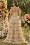 Apricot Black Dot A Line Strapless Tiered Ruffle Cut Out Long Prom Dress with Slit