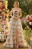 Strapless Apricot Black Dot A Line Tiered Ruffle Cut Out Long Prom Dress with Slit
