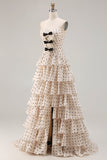 Strapless Apricot Black Dot A Line Tiered Ruffle Cut Out Long Prom Dress with Slit