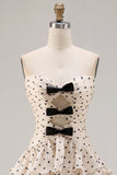 Strapless Apricot Black Dot A Line Tiered Ruffle Cut Out Long Prom Dress with Slit