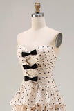Strapless Apricot Black Dot A Line Tiered Ruffle Cut Out Long Prom Dress with Slit