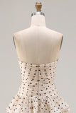 Strapless Apricot Black Dot A Line Tiered Ruffle Cut Out Long Prom Dress with Slit