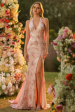 Sparkly Blush Halter Mermaid Side Slit Sequin Long Prom Dress with Large Bow