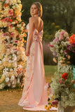 Sparkly Blush Mermaid Halter Side Slit Sequin Long Prom Dress with Large Bow