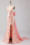 Sparkly Blush Halter Mermaid Side Slit Sequin Long Prom Dress with Large Bow