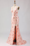 Sparkly Blush Halter Mermaid Side Slit Sequin Long Prom Dress with Large Bow