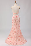 Sparkly Blush Halter Mermaid Side Slit Sequin Long Prom Dress with Large Bow