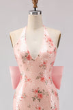 Sparkly Blush Halter Mermaid Side Slit Sequin Long Prom Dress with Large Bow