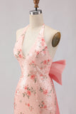 Sparkly Blush Halter Mermaid Side Slit Sequin Long Prom Dress with Large Bow