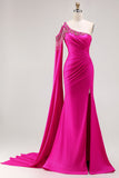 Glitter Fuchsia Mermaid One Shoulder Beaded Ruched Long Prom Dress with Slit