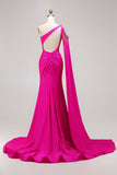 Glitter Fuchsia Mermaid One Shoulder Beaded Ruched Long Prom Dress with Slit