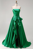 Dark Green Strapless A Line 2 Piece Bowed Long Prom Dress with Slit