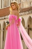 Off The Shoulder Hot Pink A Line Pleated Tulle Long Prom Dress with Streamer