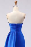 Royal Blue Strapless Mermaid Beaded Long Satin Prom Dress with Slit