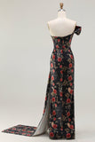 Black One Shoulder Sheath Red Floral Print Long Prom Dress with Flowing Train