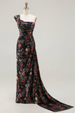 One Shoulder Sheath Blush Floral Print Long Prom Dress with Train