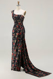 One Shoulder Sheath Blush Floral Print Long Prom Dress with Train